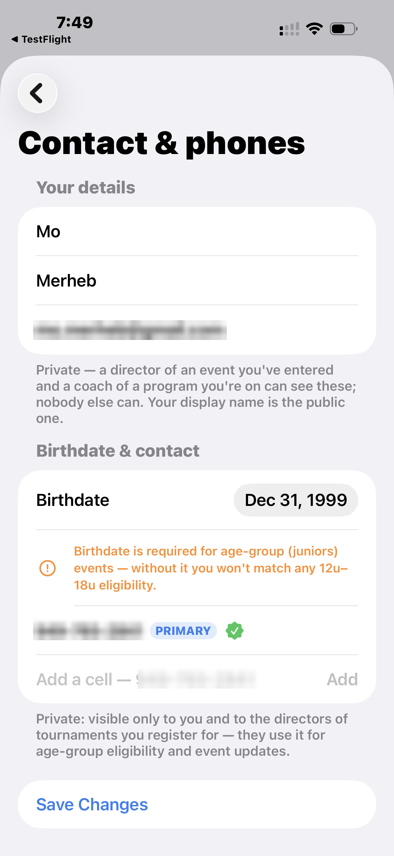 Pepper app profile screen where a member enters their own mobile phone number.