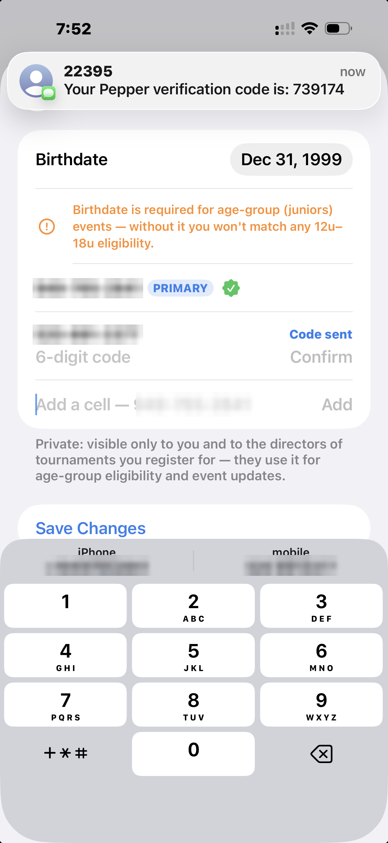 Pepper app screen prompting the member to enter the one-time verification code sent to their phone.