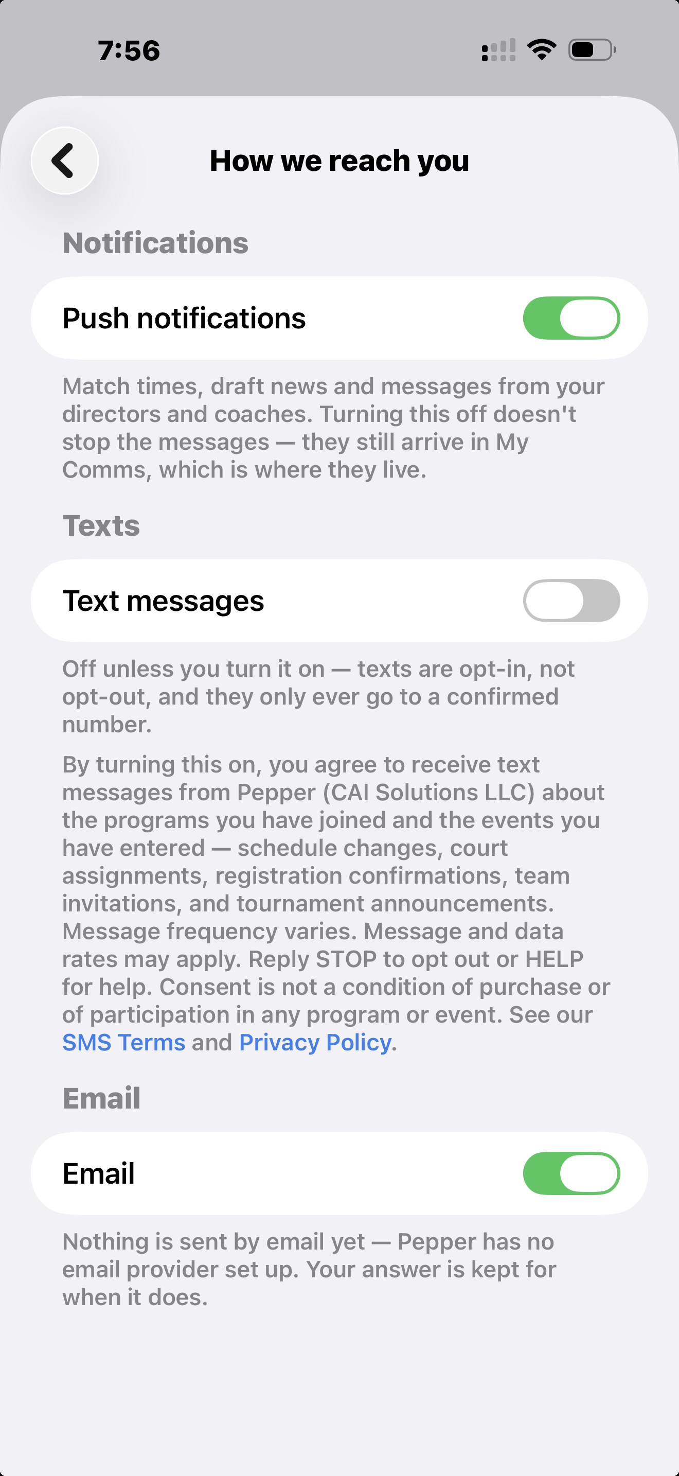 Pepper app notification settings showing the Text messages toggle switched off by default, with the consent disclosure printed beneath it.
